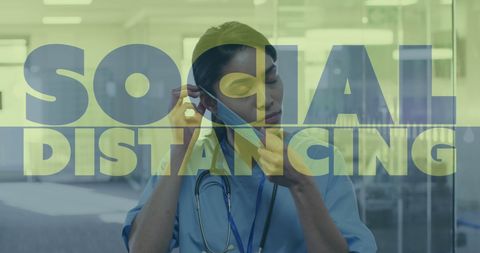 Medical Professional Adjusting Mask with Social Distancing Highlighted