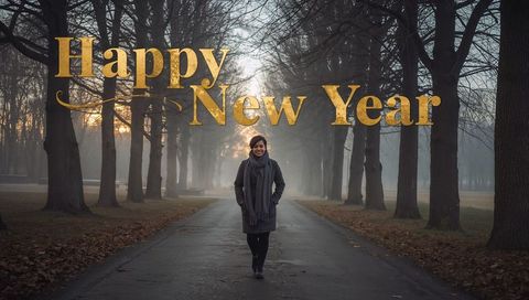 Woman Walking Down Foggy Tree-Lined Avenue Wearing Gray Coat and Scarf Happy New Year