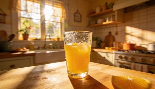 Sunlit glass of orange juice with ice and condensation on kitchen countertop at morning