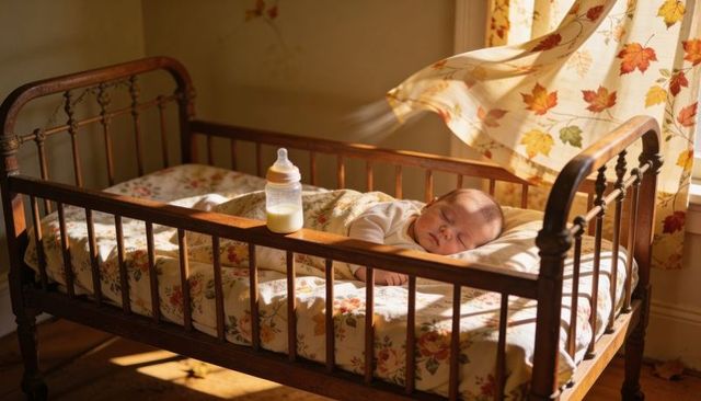 Sunlit newborn sleeping in vintage wooden crib with floral bedding and milk bottle