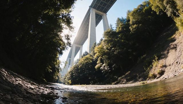 Concrete Viaduct Rising Over River Valley Through Forested Gorge From Pebble Shoreline