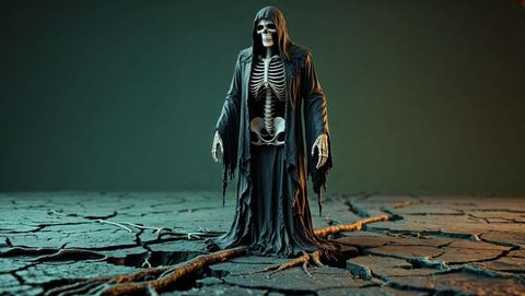 Hooded grim reaper on cracked ground with eerie glow
