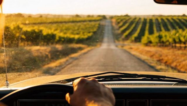 Sunlit vineyard road from driver's perspective gripping steering wheel through dusty windshield
