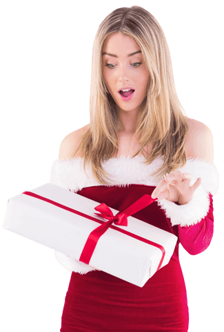 Transparent Excited Woman in Santa Costume Opening Gift