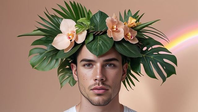Man wearing exotic floral crown with monstera leaves