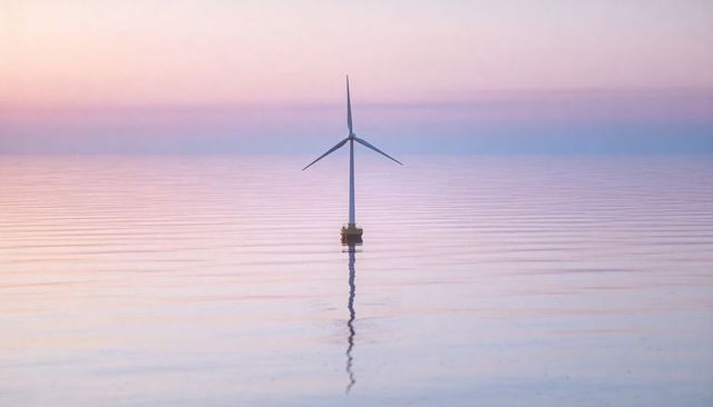 Solitary offshore wind turbine reflecting on calm pastel sea at sunrise, minimalist dawn