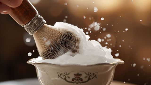 Whisking vintage shaving brush creating dense lather and splash in ornate ceramic bowl
