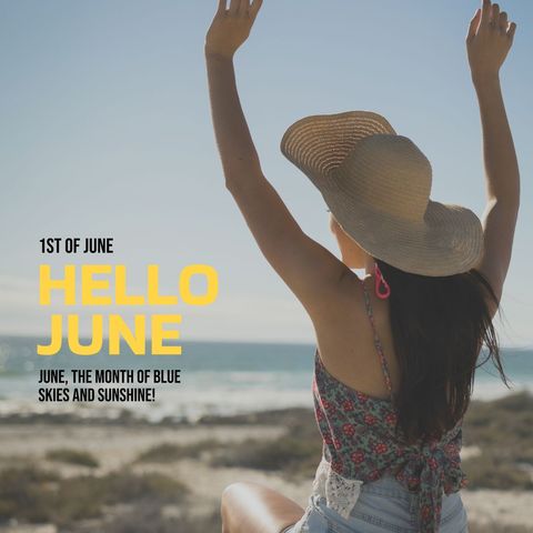 woman welcoming june with joyful pose on beach - Download Free Stock Templates Pikwizard.com