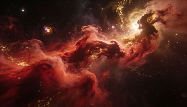Swirling crimson nebula with golden starfield, luminous gas filaments and glowing core