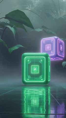 Vertical futuristic neon cubes rotating in misty tropical garden with holographic glow