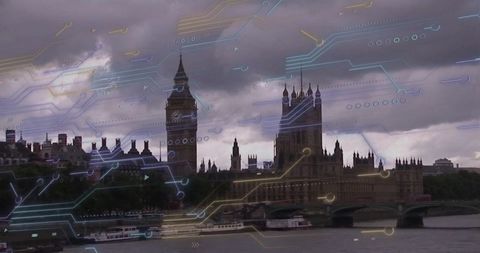 London skyline and circuit patterns merging tradition and technology