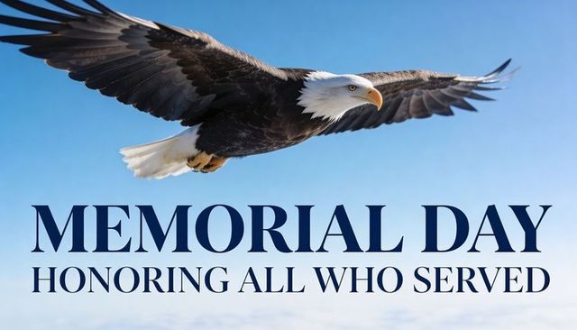 Soaring bald eagle over blue sky memorial day tribute honoring all who served