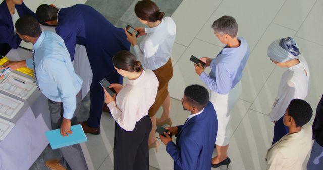 Diverse group of business professionals wearing formal attire waiting in line while checking their phones. Ideal for depicting corporate office settings, team events, and professional environments.