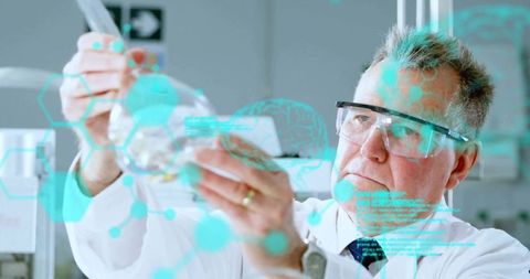 Senior scientist inspecting flask with pipette in high-tech neuroscience lab