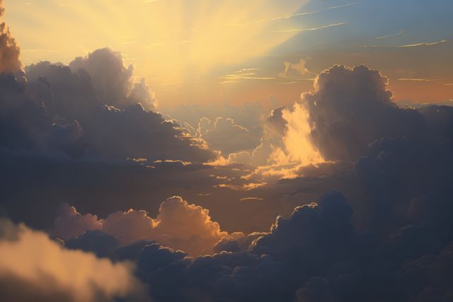 Scenery with clouds and sky and sun rays, created using generative ai technology. Cloud and sky scenery, weather and beauty in nature concept digitally generated image.