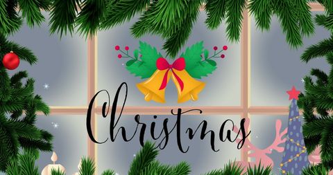 Festive christmas banner with bells and fir branches