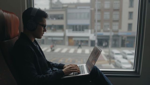 Working on train window seat man typing laptop wearing headphones urban commute cityscape