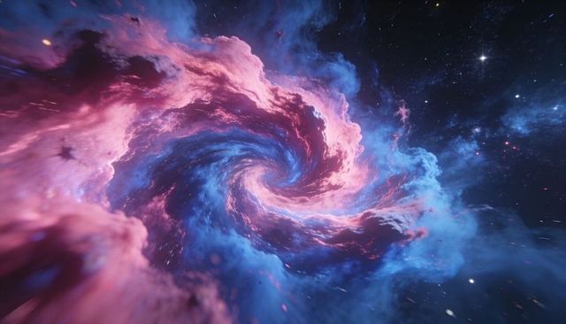 Swirling magenta cyan nebula vortex in deep space with luminous gas and dust