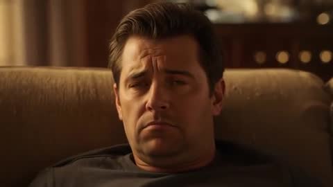 Midlife man tightening face and refocusing on couch, tense introspective expression