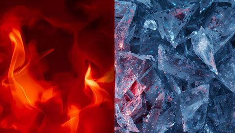 Dual elements contrast: curling red flames against blue fractured ice crystal texture