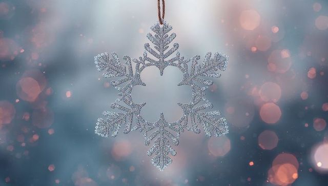 Crystal snowflake ornament with twinkling bokeh background