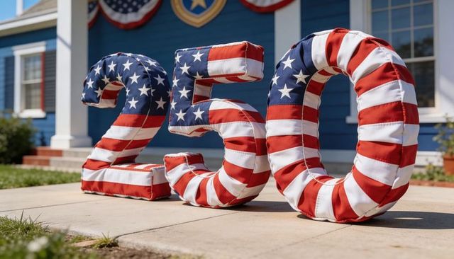 Patriotic 250 fabric numerals wrapped in american flag stripes for fourth of july display
