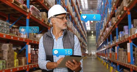 Warehouse Worker Managing Inventory with Digital Tablet