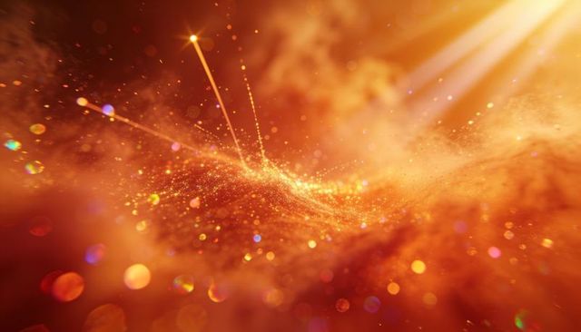Golden particle wave streaming through luminous cosmic glow with bokeh streaks