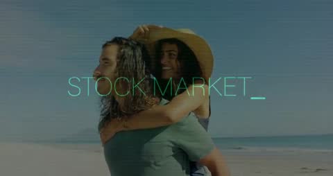 Couple on Beach with Stock Market Overlay Concept