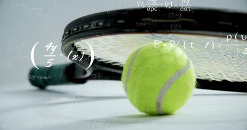 Tennis equipment analysis with scientific formula overlay