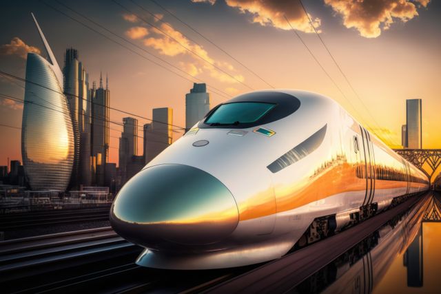 Modern train on tracks over modern cityscape and sunset, created using generative ai technology. Transport, travel and train, digitally generated image.