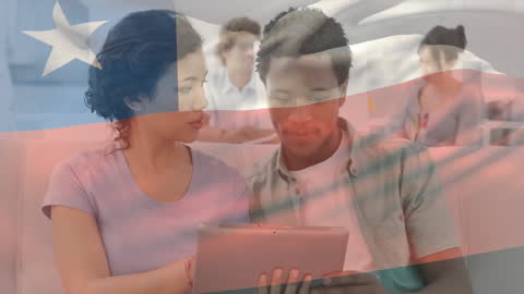 Students in Classroom Using Tablet with Chilean Flag Overlay