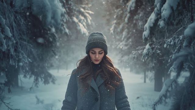 Woman standing on snowy pine path watching falling snow, contemplative winter solitude
