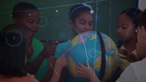 Diverse Children Exploring Globe with Digital Interfaces