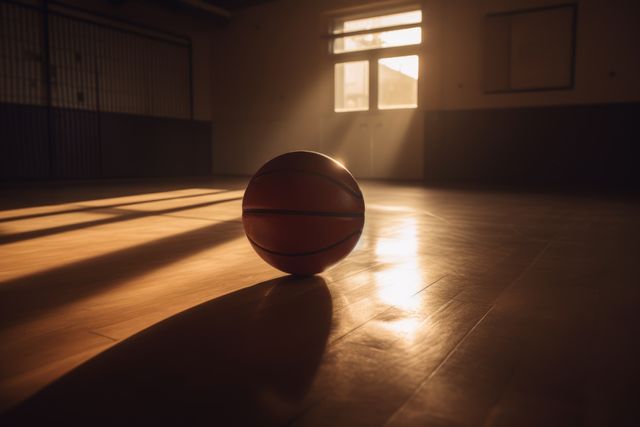 Basketball in basketball court with window, created using generative ai technology. Basketball, sports and competition concept digitally generated image.