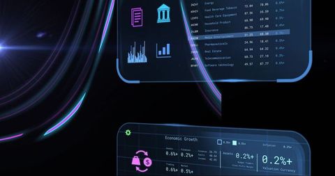 Futuristic holographic finance dashboard showing economic growth charts and sector metrics