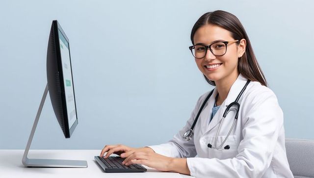 Young female physician typing at minimalist clinic desk with stethoscope and monitor