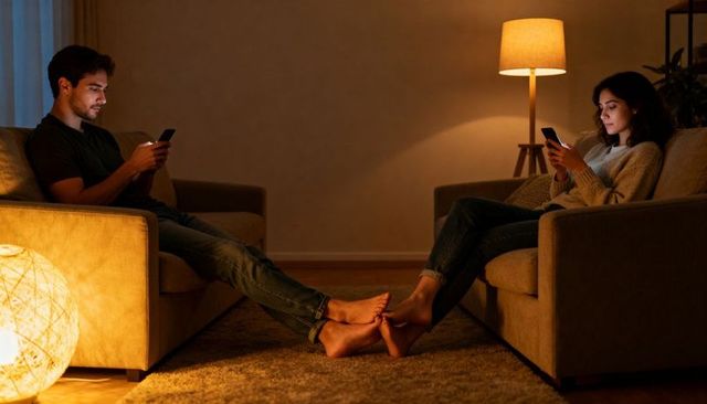 Couple relaxing on sofas at night scrolling smartphones while touching bare feet on rug with warm la