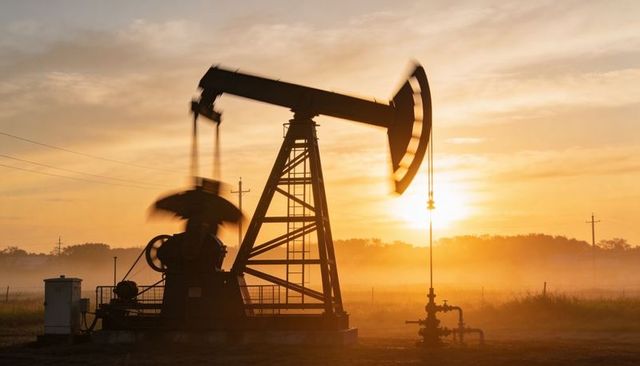 Pump jack silhouette rocking at golden hour over rural wellhead and misty horizon