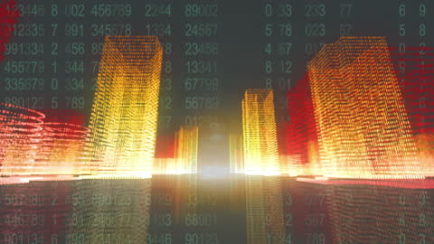 Digital Cityscape with Data Flow and Abstract Lights