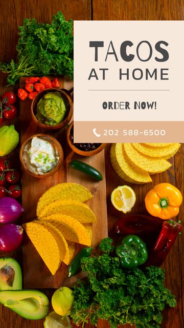 Advertisement for home taco delivery service with fresh ingredients displayed. Contains vibrant vegetables and sauces. Ideal for businesses promoting fresh, home-delivered tacos. Useful for social media, food blogs, and online advertisements.