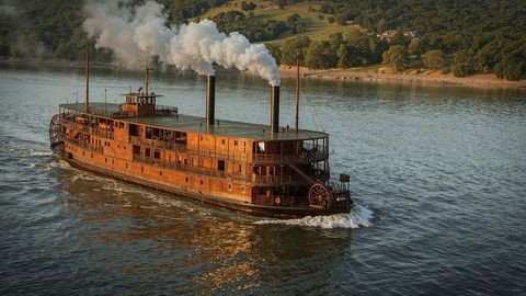 Wooden Paddle Steamer with Smokestacks on Tranquil River at Sunset