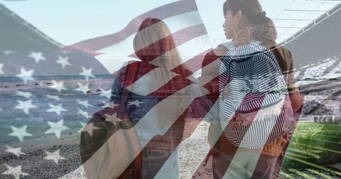 Teenagers exploring beach with american flag overlay