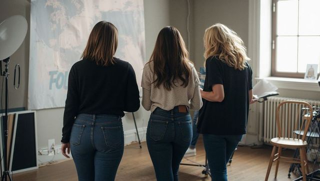Three women walking in photography studio wearing jeans planning creative collaboration