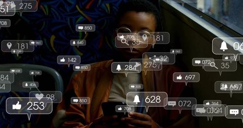 Black woman scrolling smartphone on city bus with floating social media notifications