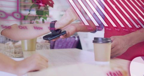 Contactless Smartwatch Payment at Cafe Counter with Tattooed Customer Tapping NFC Terminal