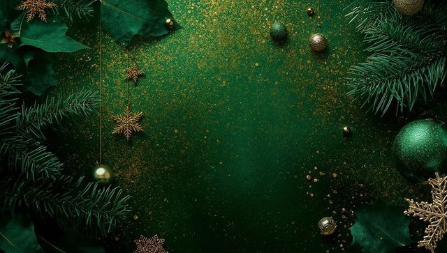 Emerald christmas border with gold glitter, pine branches and baubles, festive flatlay