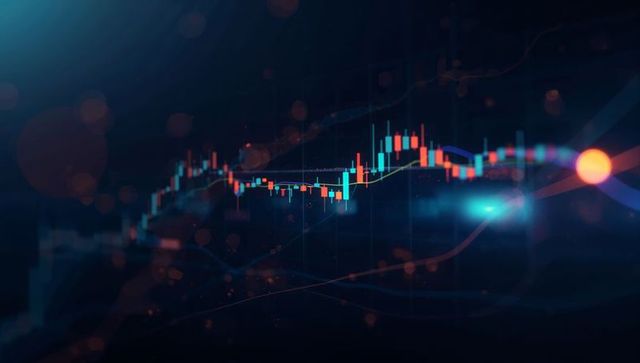 Neon candlestick market chart with moving averages, trading signals and analytics
