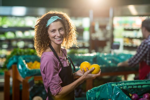 Portrait of smiling female staff holding fruits in organic section of supermarket