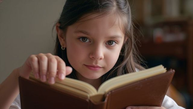 Young girl reading hardcover book at home, turning pages, focused in warm soft light